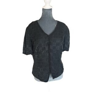 - Reggio- Black Beaded Jacket - Blouse - Checker pattern - eye hook- VTG